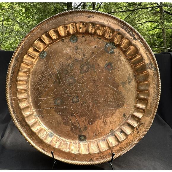 Rare Antique 1900's Etched Brass 15” Star Design Round Serving Tray 5Y